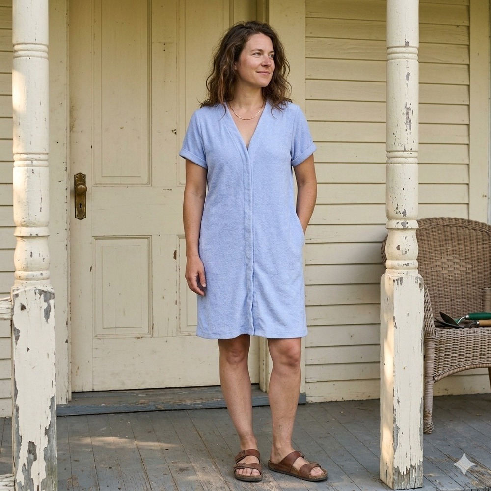 The Vermont Country Store Dress Womens Medium Blue Terry Cloth Snap Front Lounge